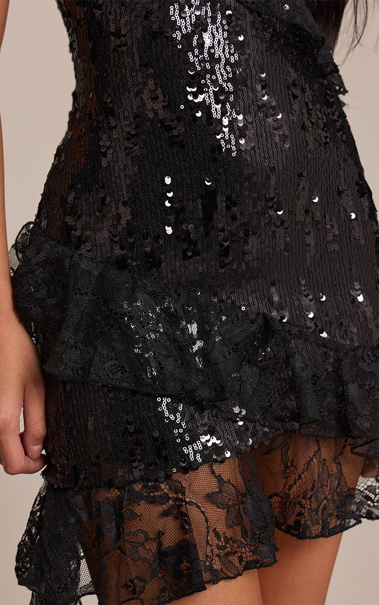 Robe mini noire scintillante col V Auralise